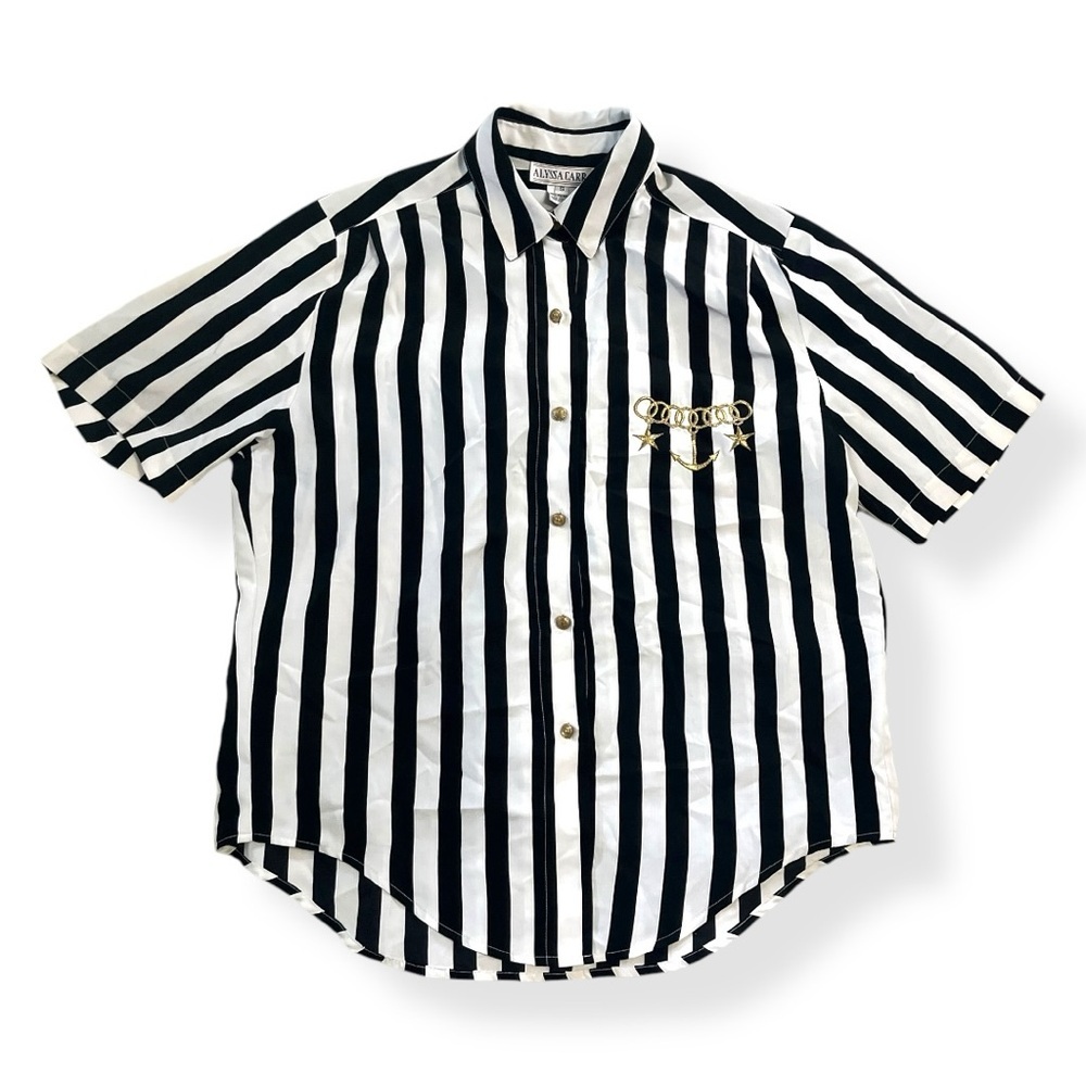 Vintage‎ Alyssa Carr 1980’s Women’s Nautical Shirt White Navy Blue Stripe Small